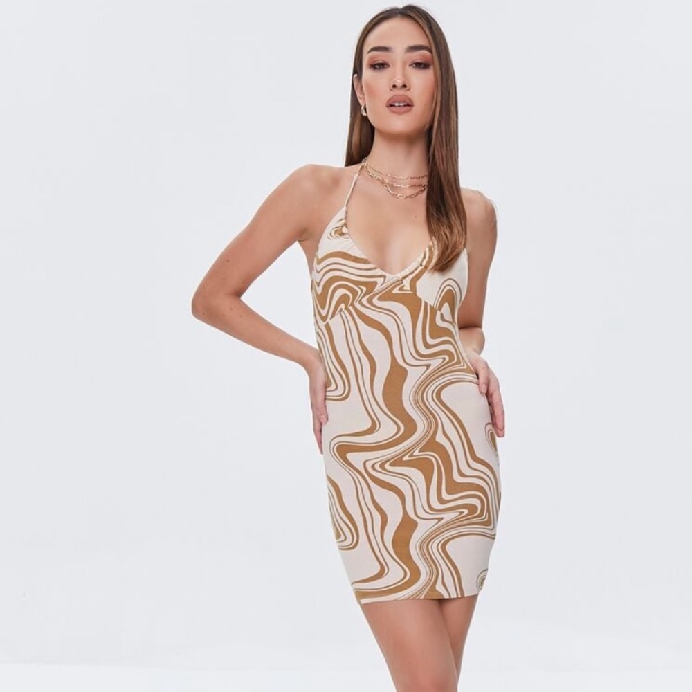 NWT Forever 21 Brown & Tan Retro Swirl Halter Neck Mini Dress 🤎